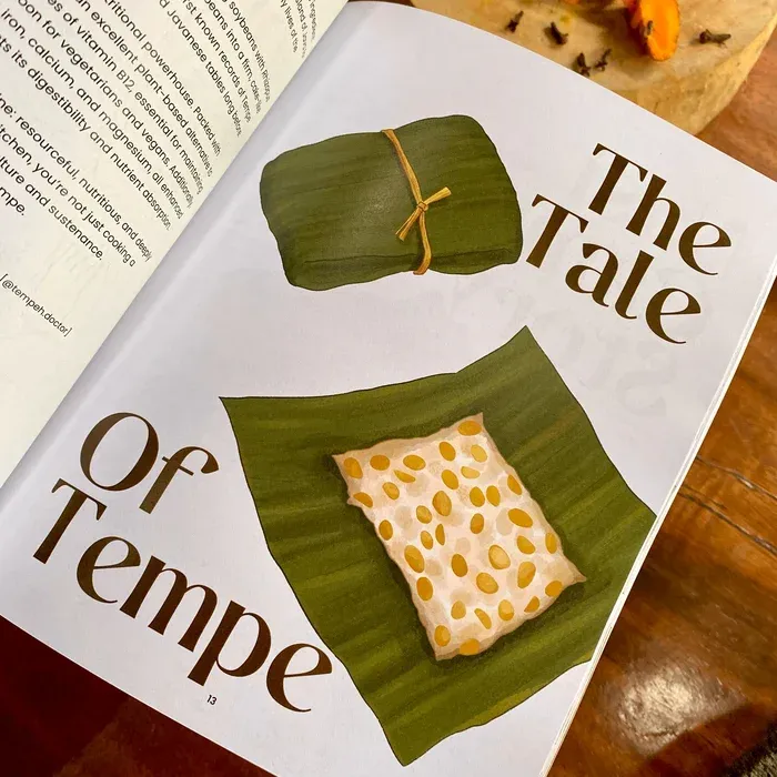 A close up shot of a page from the cookbook Tempe and Nasi Campur. The text reads The Tale of Tempeh