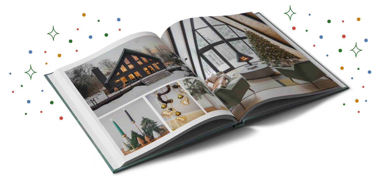 Holiday photobook with winter home and decorations