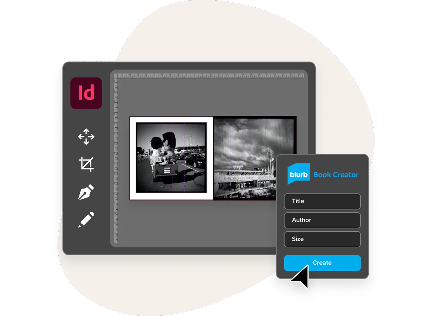 Plug-in de Blurb pour l'interface d'Adobe InDesign montrant une double page et le panneau de création du livre avec le titre, le nom de l'auteur et les champs relatifs au format.
