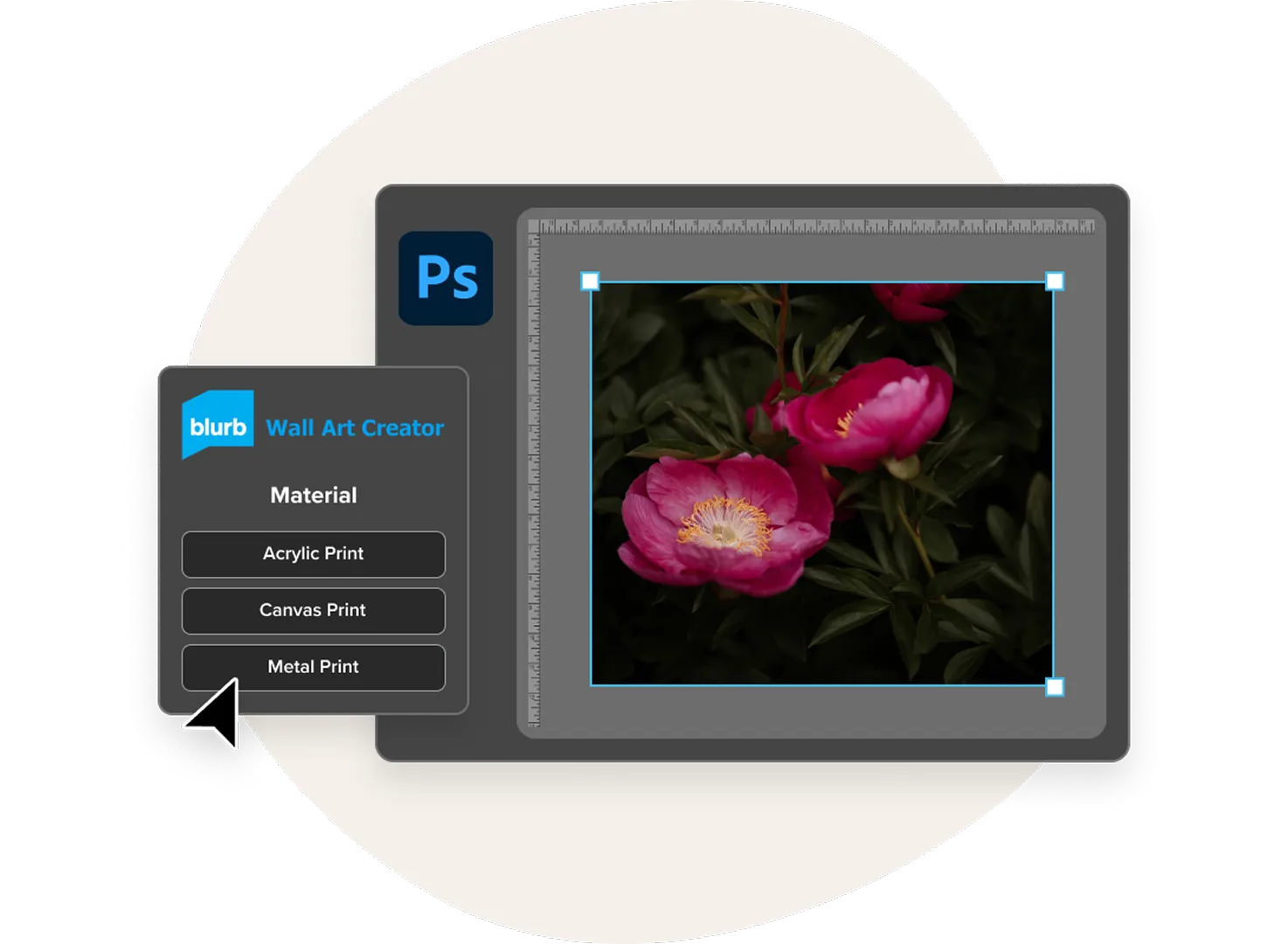 Le plug-in Wall Art de Blurb pour Adobe Photoshop montrant un aperçu de l'image avec les options de Wall Art Creator pour l'acrylique, la toile et le métal.