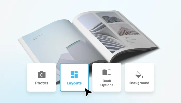 BookWright Desktop editor view with layout, photo, and background customization tools.