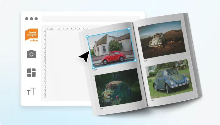 BookWright Online editor interface showing photo book page with vehicle images.