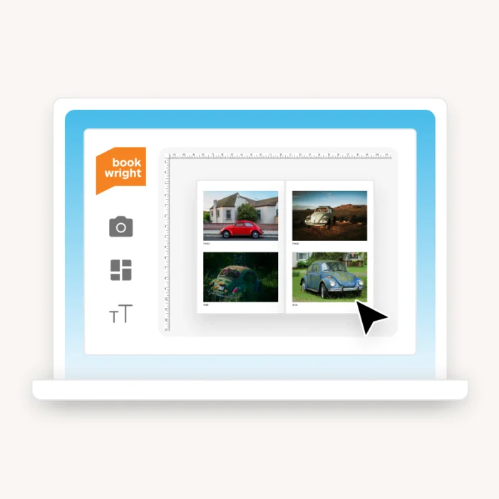 Mockup of Blurb BookWright desktop interface showing a photo book layout with images on a computer screen