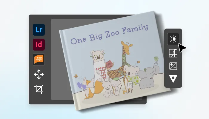 Children’s photo book titled “One Big Zoo Family” in editing mode with Lightroom, InDesign, and Photoshop icons.