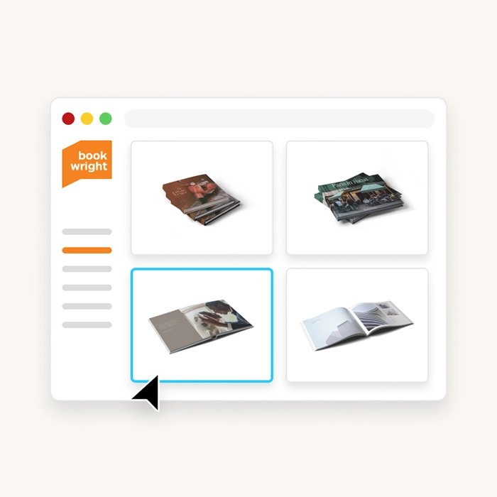 BookWright Online interface showing a selection of photo book format options