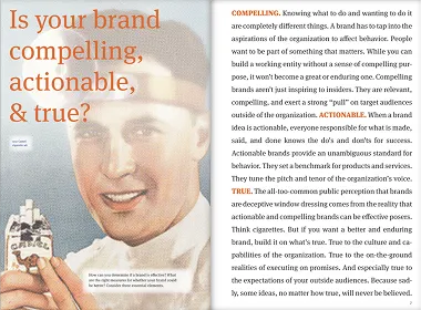 Book spread featuring a vintage ad and headline “Is your brand compelling, actionable, & true?”