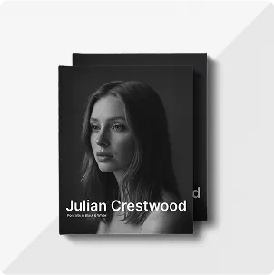 A stack of two portrait photo books titled Julian Crestwood with a black and white photo of a woman on the front cover