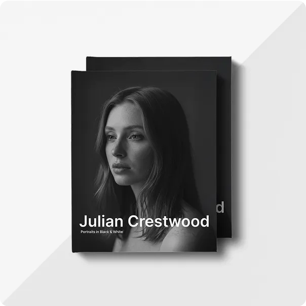 A stack of two portrait photo books titled Julian Crestwood with a black and white photo of a woman on the front cover
