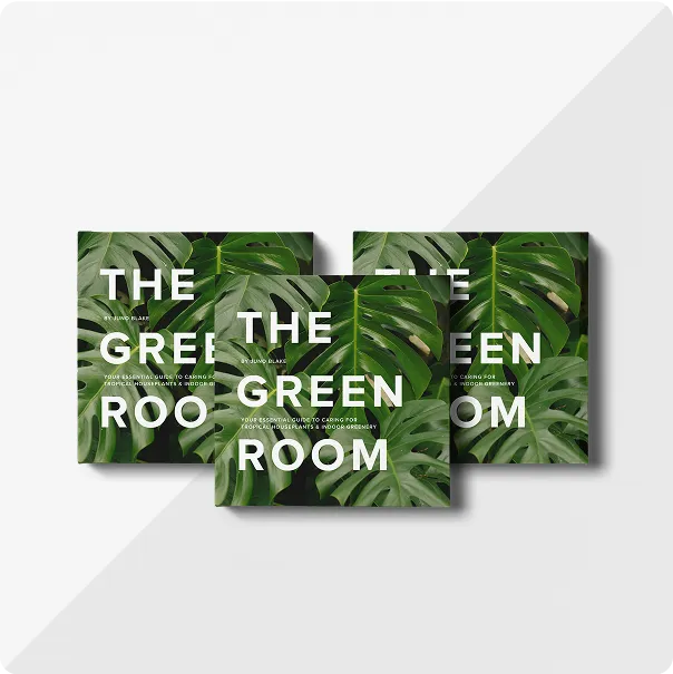 Three square photo books titled The Green Room with a close up photo of green foliage on the front cover