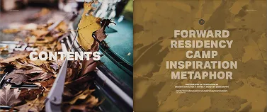 Three-panel magazine layout with earthy photography and the text “Contents” and “Forward Residency.”