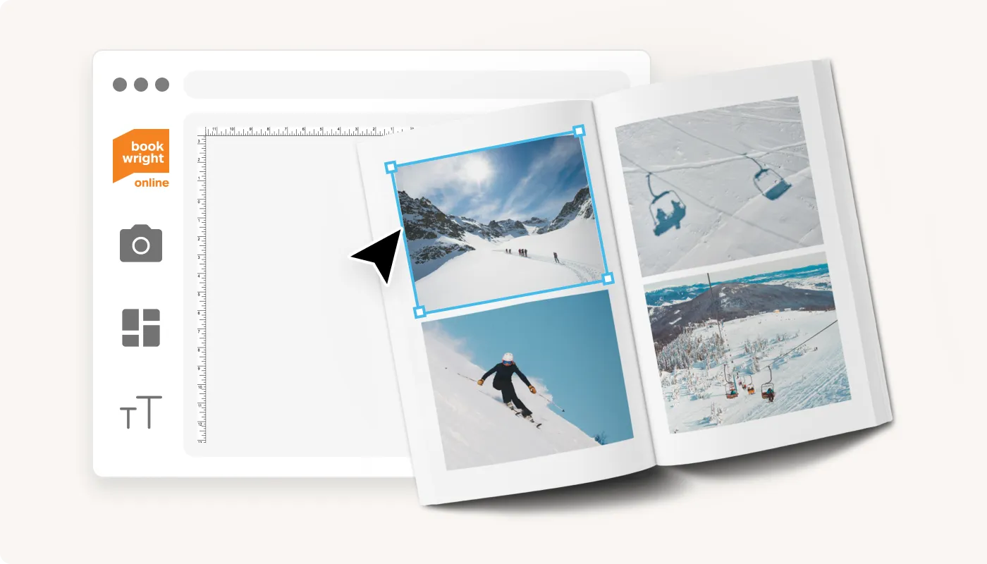 BookWright Online editor interface next to a photo book open on photos of vehicles