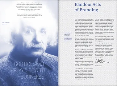 Interior spread with monochrome portrait and article titled “Random Acts of Branding.”