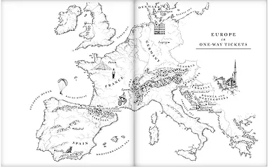 Black and white illustrated map of Europe showing travel paths.