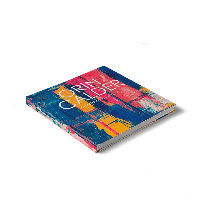 A square hardcover photo book titled Orin Calder Color without Compass with a colorful paint effect design on the cover 