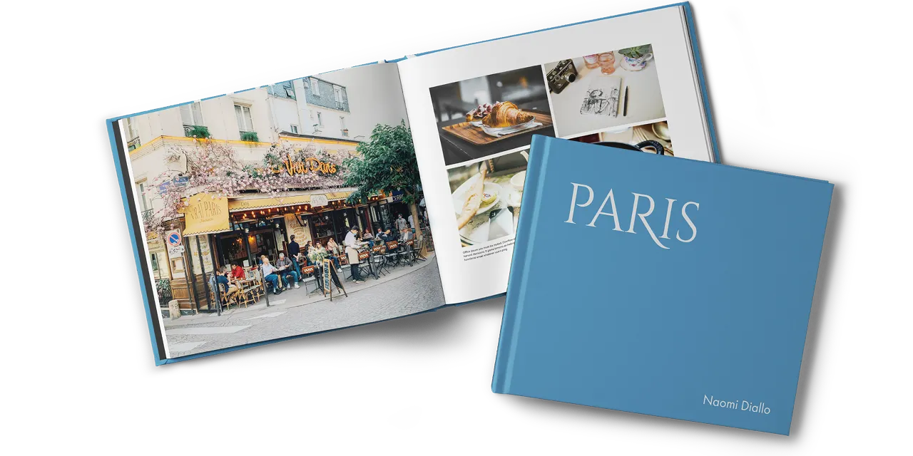 A travel-themed photo book titled “PARIS,” opened to colorful, candid travel images.