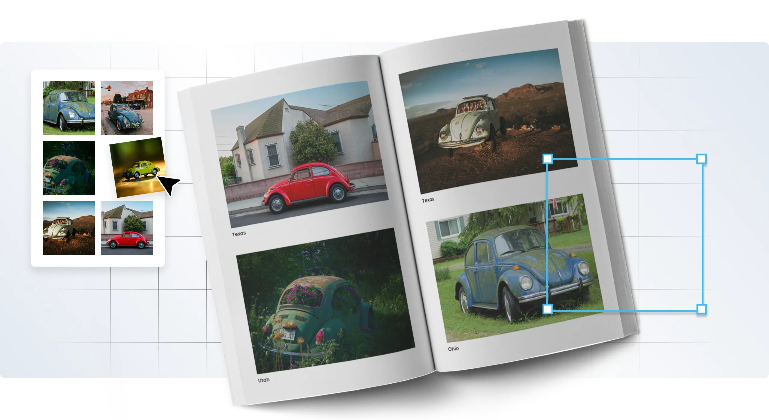 A double-page photo book spread with layout guides and a travel photo collage.