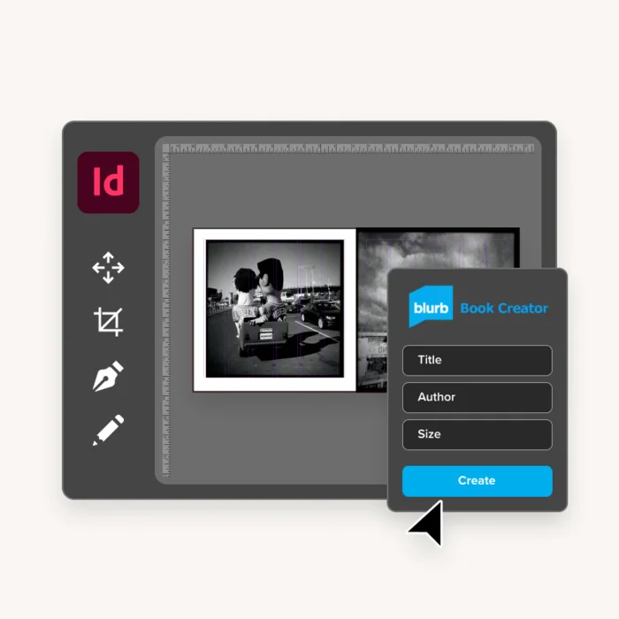 Blurb plugin for Adobe InDesign interface showing a page spread and the book creator panel with title, author, and size fields.