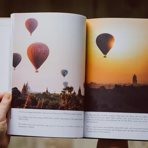 Chris Tudor's ImageWrap hardcover book, Here and There in Myanmar, open on two photos of hot air balloons in the sky
