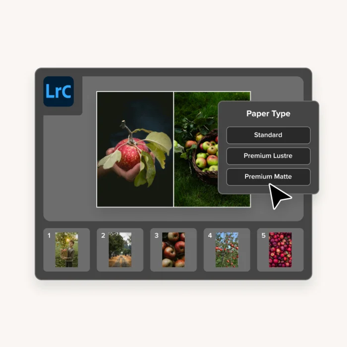 Blurb Book Module in Lightroom Classic interface showing a page spread preview, a photo collection, and the Paper Type modal