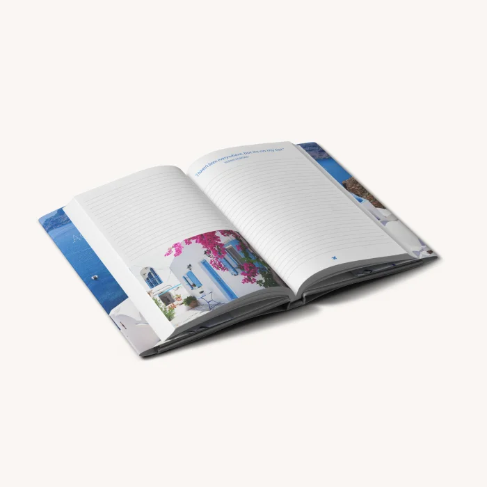 Ein aufgeschlagenes Hardcover-Notizbuch mit Schutzumschlag, in dem links Reisefotos aus Griechenland und rechts eine unbeschriebene linierte Seite zu sehen sind.
