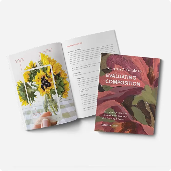 Two copies of 'An Artist's Guide to Evaluating Composition' by Michelle Lewis, one open showing interior text and an image, the other closed showing the painterly cover image
