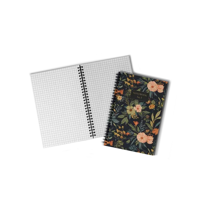 Two copies of a wire-o notebook, one open and one closed, featuring grid ruled pages and a floral design on the front cover