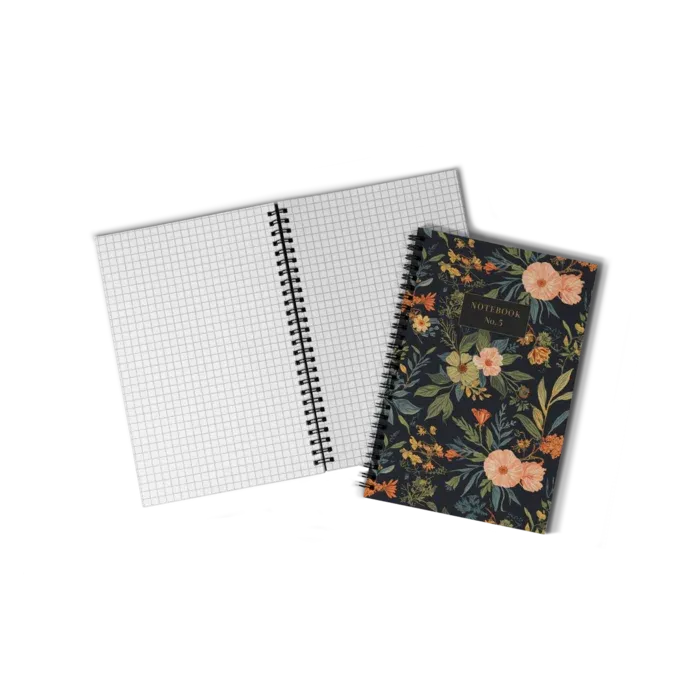 Two copies of a wire-o notebook, one open and one closed, featuring grid ruled pages and a floral design on the front cover