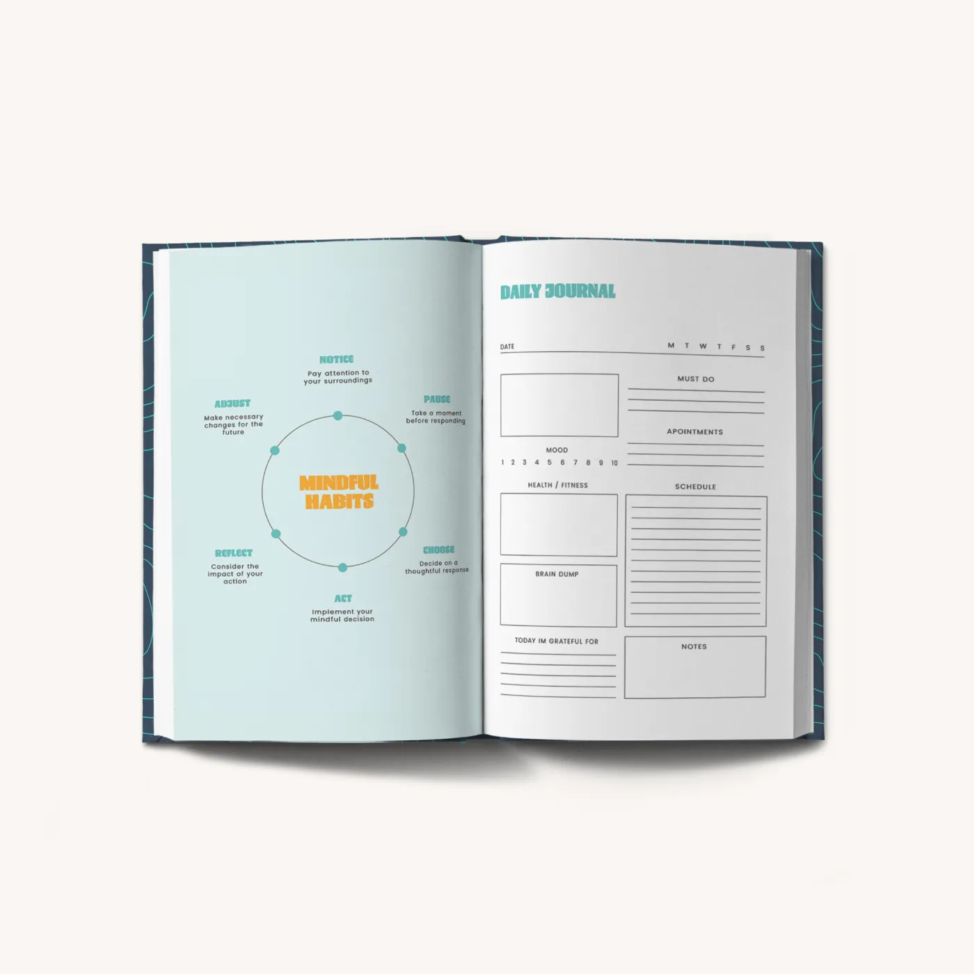 Aufgeschlagenes Tagesjournal mit Seiten zum Verfolgen achtsamer Gewohnheiten und des eigenen Zeitplans.