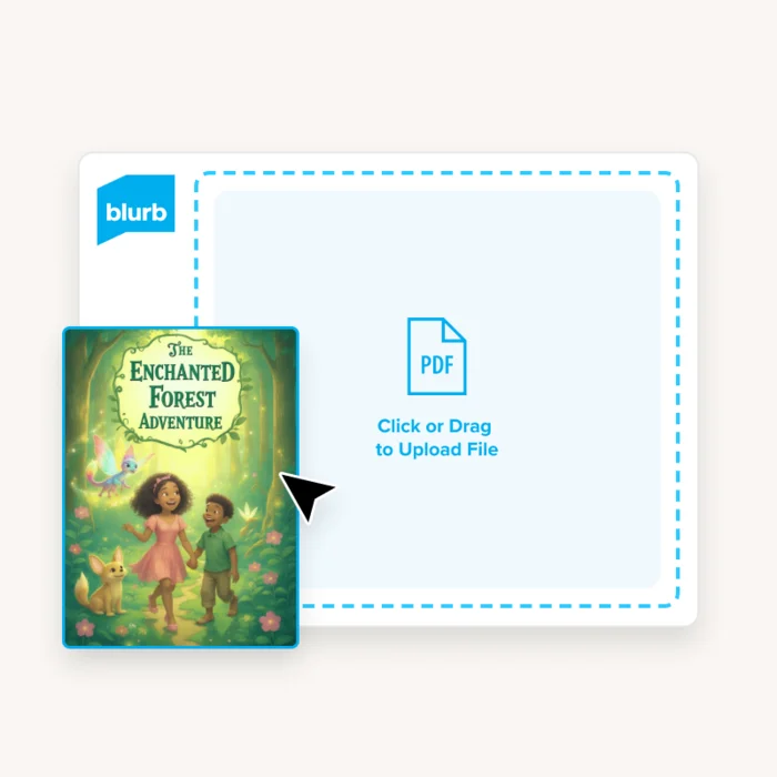 Blurb PDF Uploader drag and drop interface and an image of a children's book called The Enchanted Forest Adventure