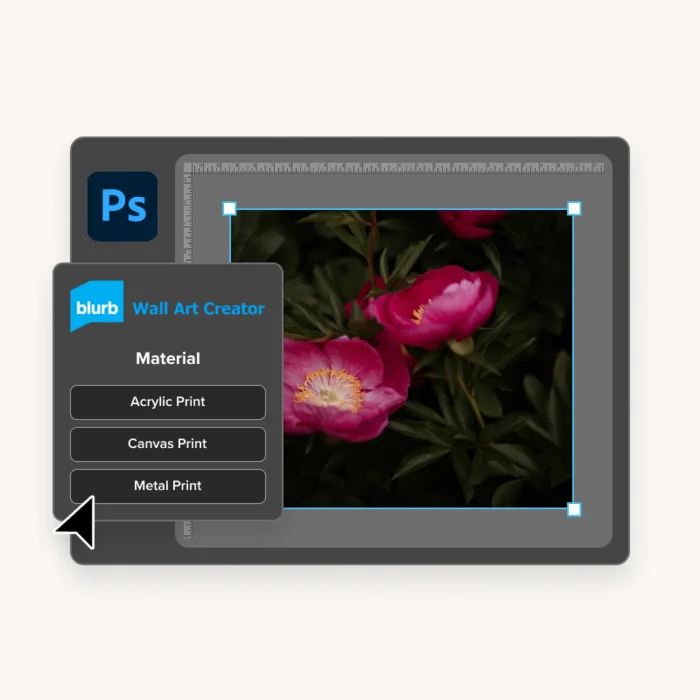 Blurb Wall Art Plugin for Adobe Photoshop showing image preview with Wall Art Creator options for acrylic, canvas, and metal