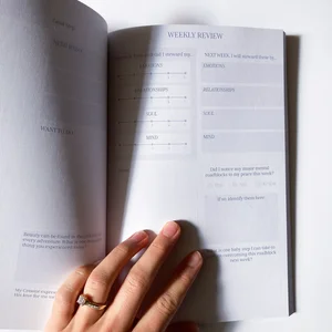 Ein aufgeschlagenes Tagebuch mit dem Titel „Weekly Review“, das leere Felder für Notizen über die eigenen Gefühle enthält.