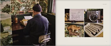 Book spread featuring a man working at a desk and close-up of printed editorial material.