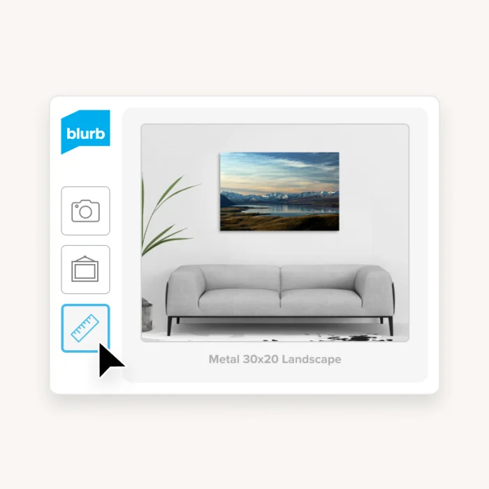 Mockup of Blurb Online Wall Art Editor interface showing a preview of a piece of wall art in situ on a wall above a sofa