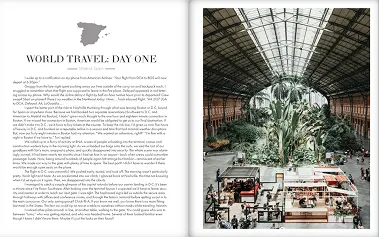 Interior page with a travel article and image of a grand indoor train station.