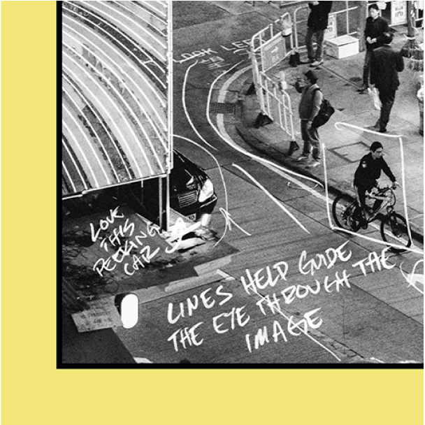 Image Breakdown: Street Photography (4/17/25) - A high-contrast black-and-white image of cyclists and pedestrians with handwritten notes about composition techniques.