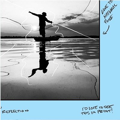 Image Breakdown (2/19/24) - Reflection Photography of a black-and-white silhouetted figure standing in shallow water with artistic annotations.