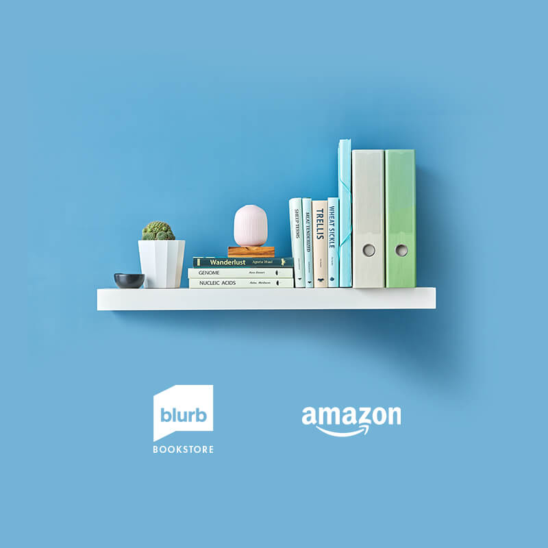 Shelf with 10 books made using Blurb's tools