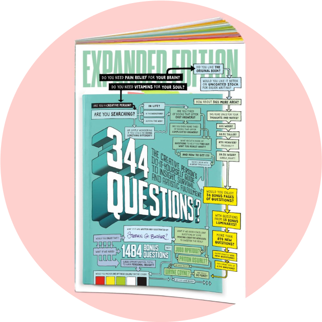 Illustriertes Buch mit dem Titel „344 Questions“