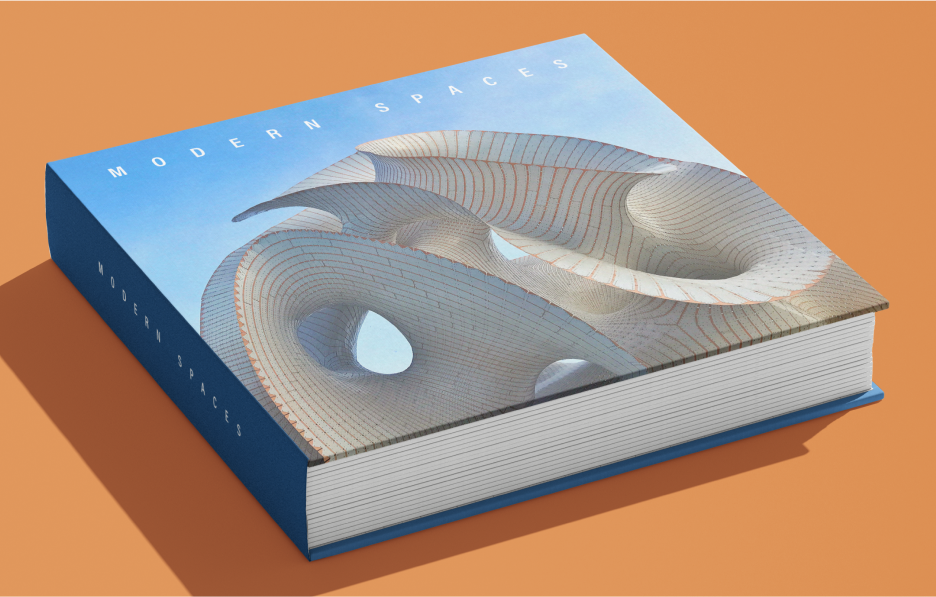 Fotolibro quadrato grande personalizzato intitolato Modern Spaces con l'immagine di una scultura in copertina.