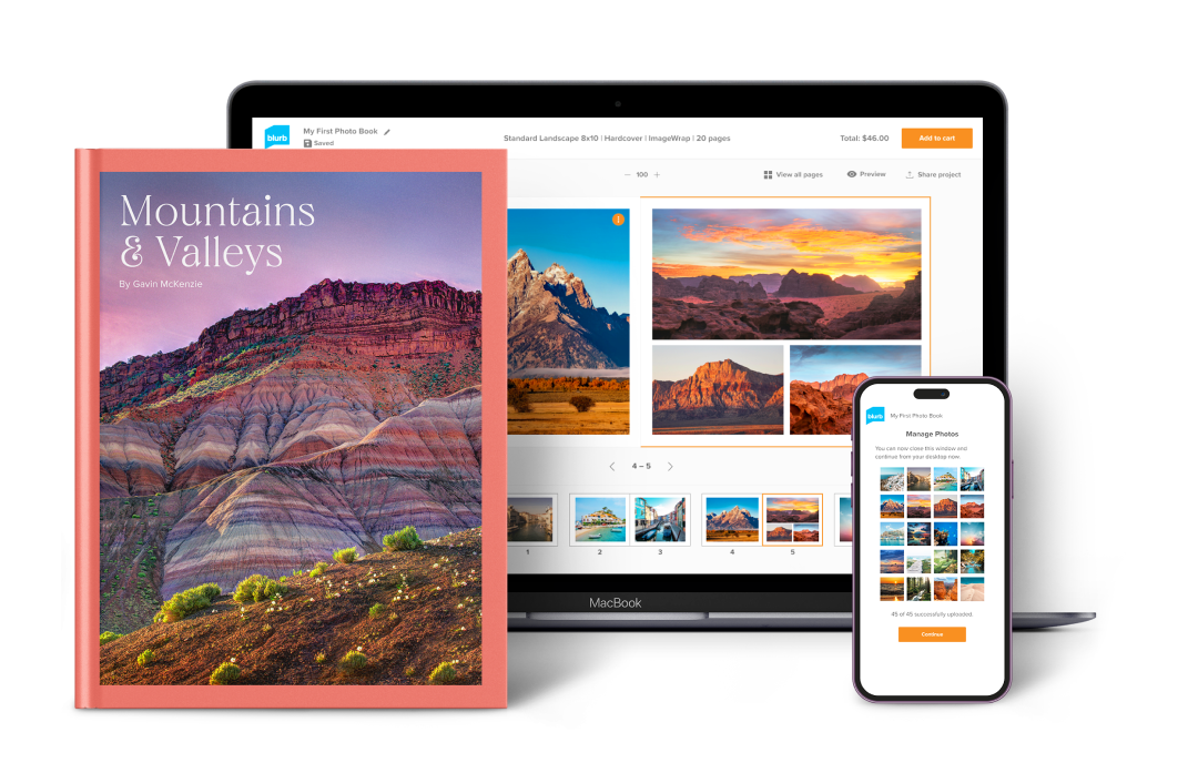 Screenshot of an online photo book creation interface featuring a 'Mountains & Valleys' book cover. The cover displays colorful layered rock formations. The interface shows a laptop screen with photo layout options, and a smartphone displaying a photo management screen.