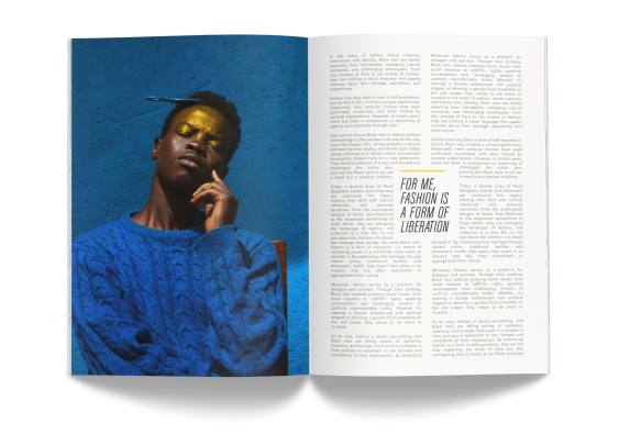 Custom magazine shown open to a spread featuring a person in a blue sweater with gold paint on their face on one page, text on the opposite page.