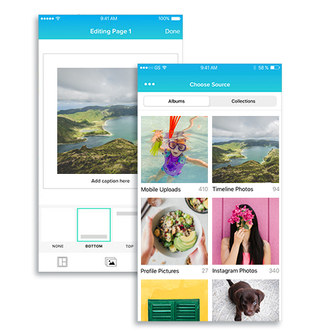 Ejemplos de pantallas de la app para crear libros de fotos