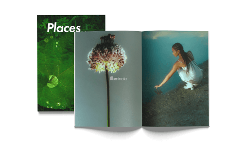 Magazine titled Places showing green leaves on the cover. Inside shows a woman next to a pond.