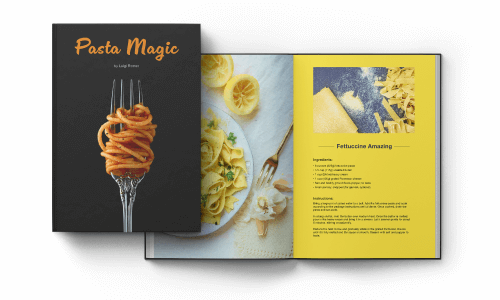 Livro de culinária Magia das Massas mostrando uma massa no garfo na capa, mostrado livro aberto com uma receita de fettuccine dentro.