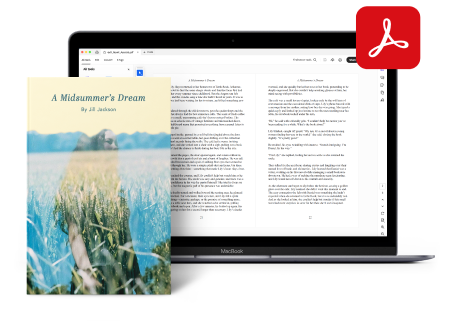 La pantalla de un portátil muestra la interfaz de Adobe Acrobat con un documento abierto. En primer plano, se ve la portada de «A Midsummer's Dream» de Jill Jackson, que muestra una imagen onírica de una figura en un campo. En la esquina superior derecha se ve el logo de Adobe Acrobat.