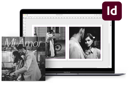 Écran d'ordinateur portable montrant l'interface d'Adobe InDesign avec une mise en page de photos romantiques en noir et blanc. En premier plan, un album photo stylisé intitulé « Mi Amor » montre un couple s'enlaçant. Le logo InDesign apparaît dans le coin supérieur droit.