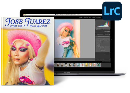 Un portátil muestra la interfaz de Adobe Lightroom con una imagen de una persona con maquillaje colorido. En primer plano, se ve la portada de un libro de fotos titulado «Jose Juarez: Stylist and Makeup Artist», que muestra una foto de cerca de una persona con maquillaje llamativo y un sombrero rosa. En la esquina superior derecha se ve el logo de Lightroom.