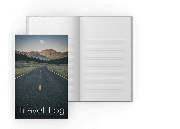 Livro diário de viagem exibido em tamanho 13x20 cm